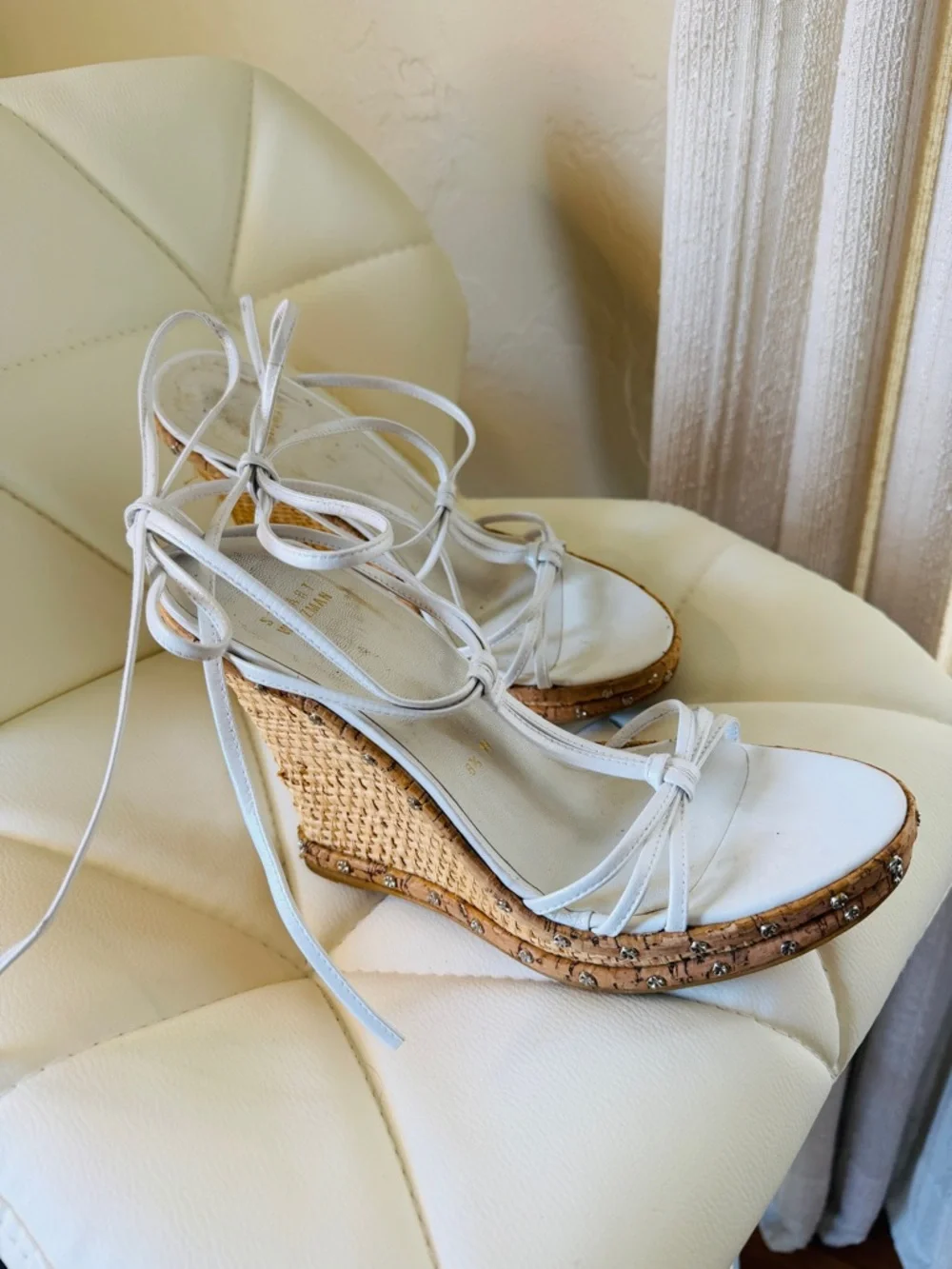 White Lace-Up Wedge Sandals with Natural Cork Platform - Picture 3 of 9